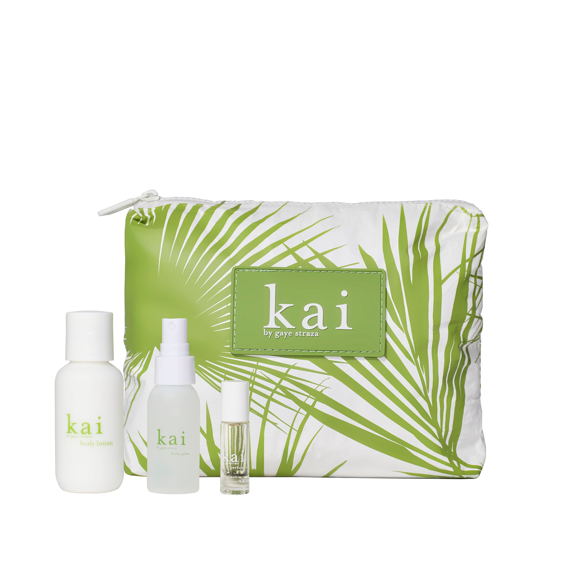 kai aloha travel set with palm leaf design pouch on a white background