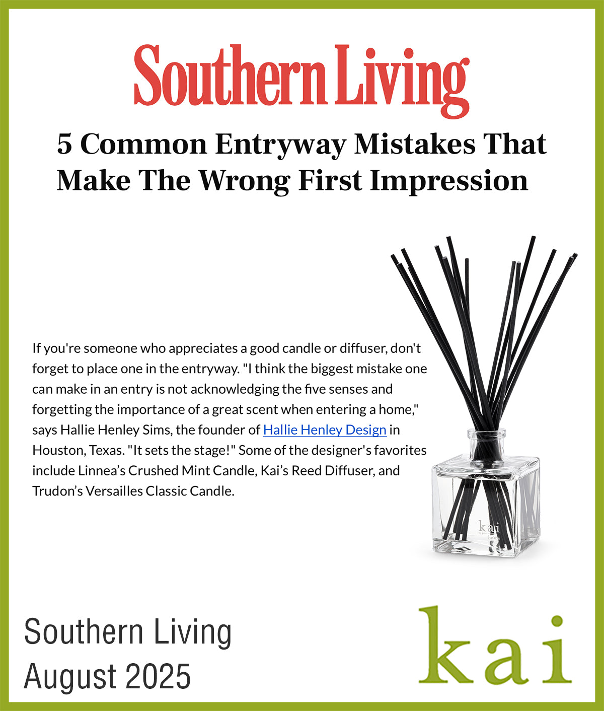 kai reed diffuser - southern living - august 2025
